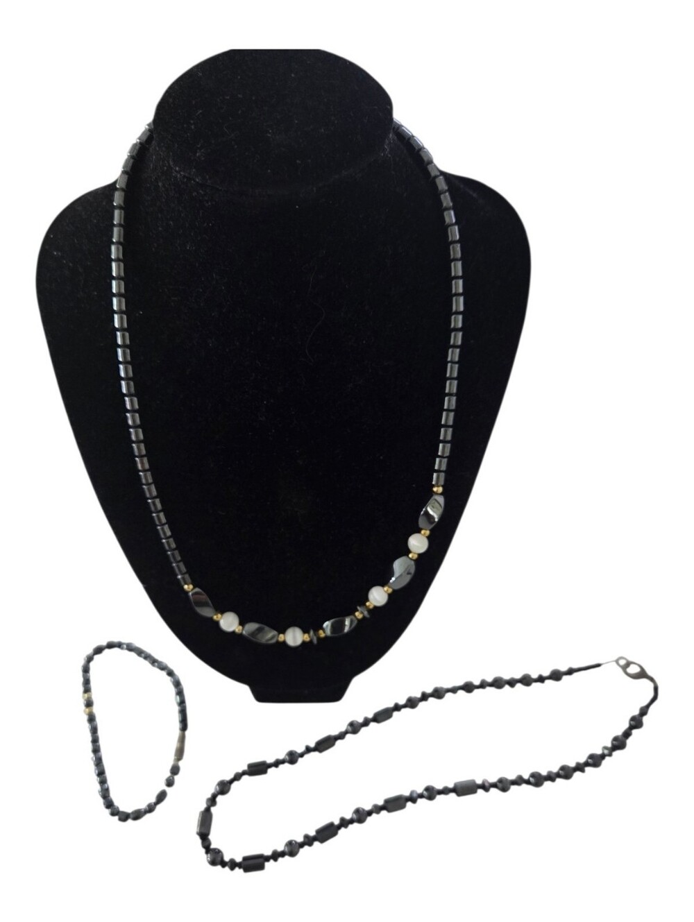Vintage Hematite Jewelry Set - 2 Necklaces (1 Magnetic)  & 1 Bracelet